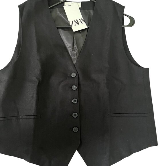 Zara Women's Tailored Linen Blend Vest Black Button Waistcoat Chic Sz XL NWT - Picture 3 of 8